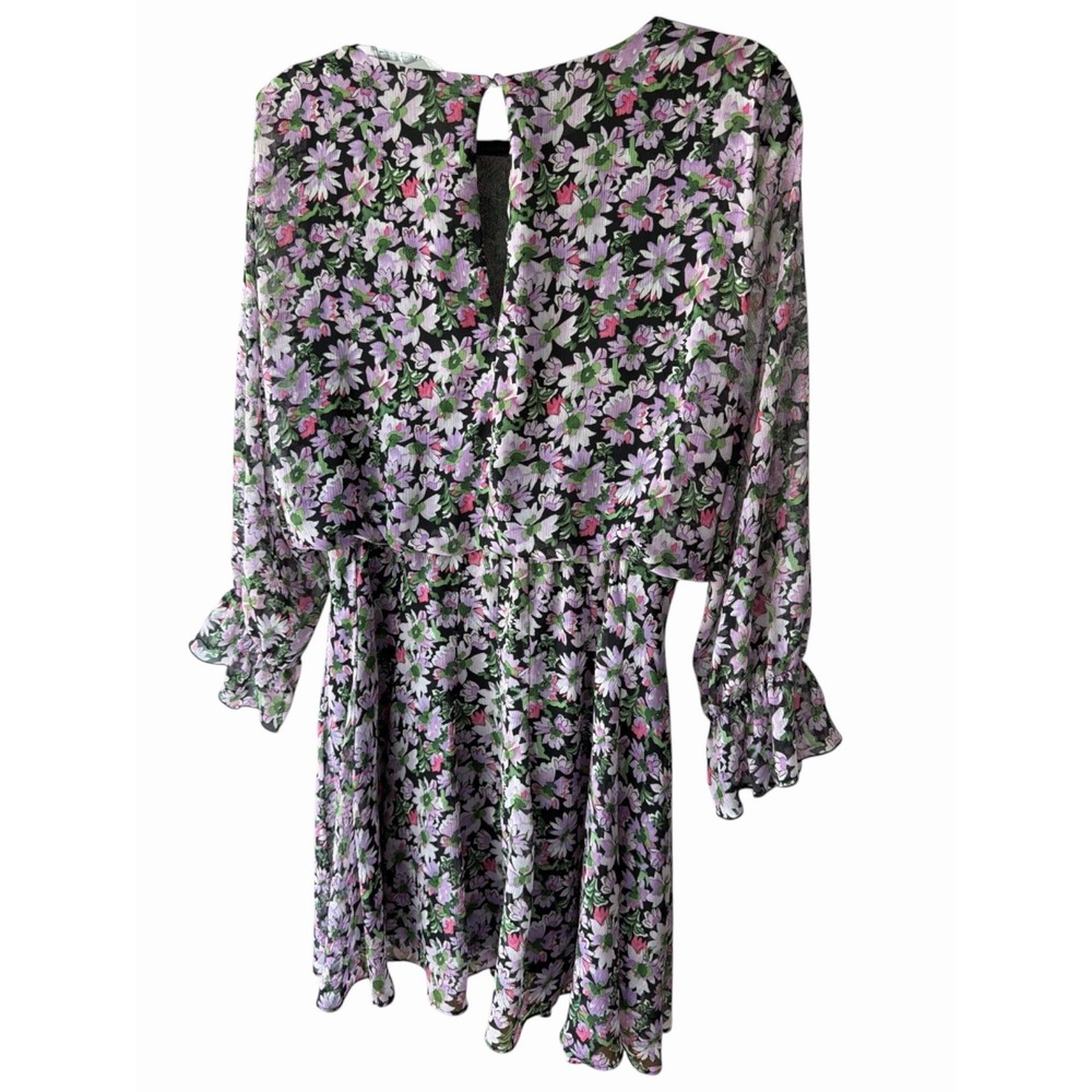 ZARA Womens Floral Chiffon A-Line Short Dress Smocked Sheer Keyhole Sz MEDIUM - Picture 5 of 7